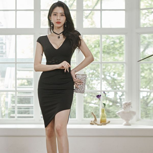 

v-neck summer korean-style asymmetric hip pocket sheath dress women clothes t6286 dqq6, Black;gray