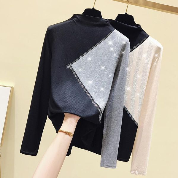 

women's sweaters autumn winter half high collar pullover sweater chic contrast color patchwork long sleeve knitted soft all-match jump, White;black