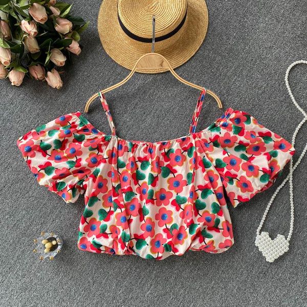 

women's tanks & camis secret leak collarbone off shoulder suspender summer fresh print age reduced bubble sleeve holiday shirt, White