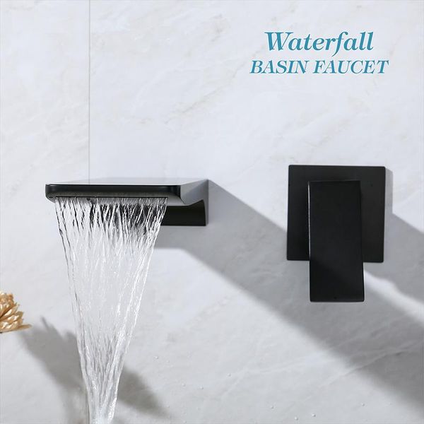 

bathroom sink faucets wall mounted brass waterfall basin faucet black/chrome tap, concealed and cold water mixer taps