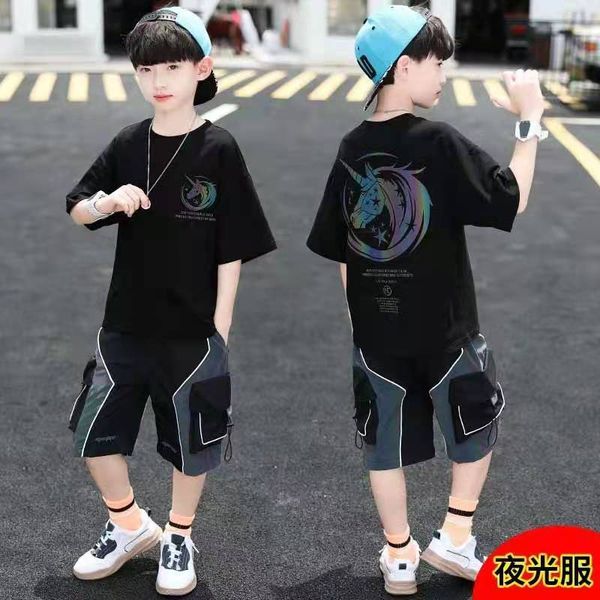 

summerchildrensetsuniformsboystwopiecesportsfitnessgymbigkidsyouthtrainingsuitscasualreflectivetshirts+shorts, Blue;gray