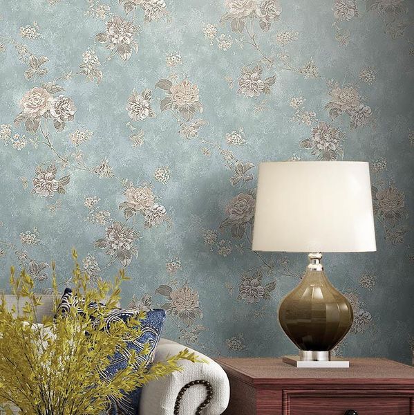 

wallpapers sale american country vintage non-woven wallpaper blue floral wall paper european style bedroom women's clothing shop