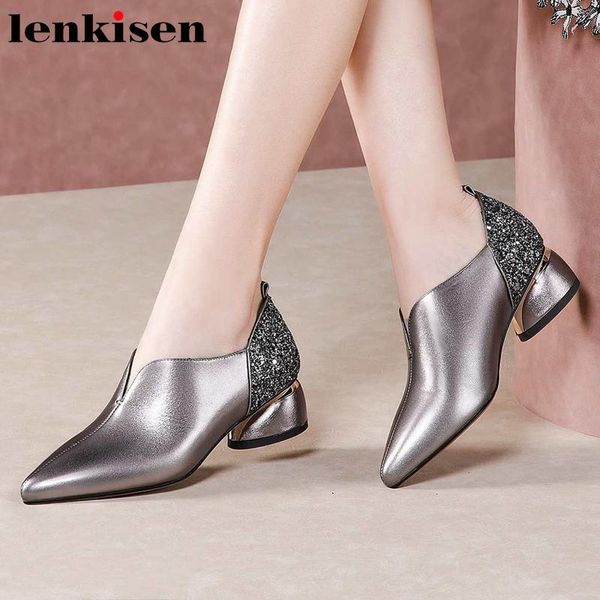 

dress shoes lenkisen limited plus size basic brand natural leather pointed toe med heel deep mouth slip on office lady pumps l85, Black