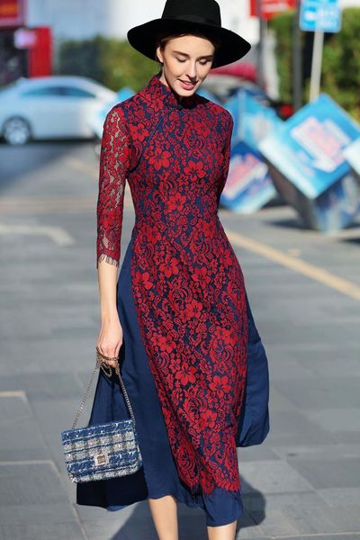 

ethnic clothing evening party vietnam aodai cheongsam vintage qipao long lace dress, Red