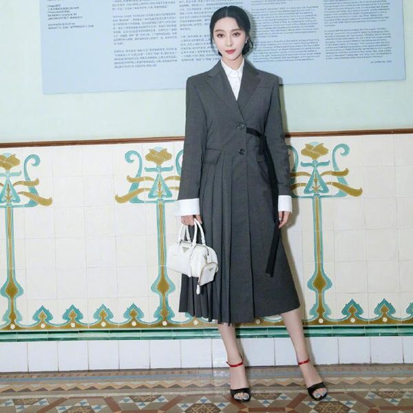 

elegant trench coat dress for women chic suit collar pleated long trench coat 2021 autumn winter ladies grey blazer dress, Tan;black