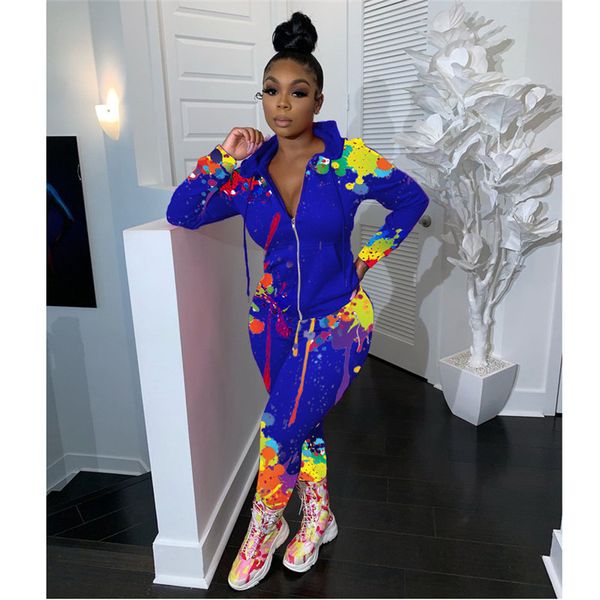 

splash ink printed two piece set tracksuit 2020 new zipper womens set long sleeve hooded sweatshirts pencil pants set, Gray