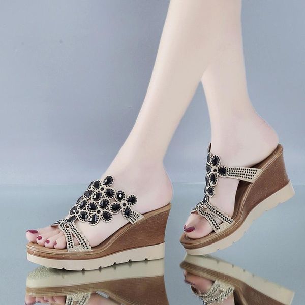 

sandals wedges shoes women peep toe breathable beach summer rhinestone slip-on ladies femme, Black