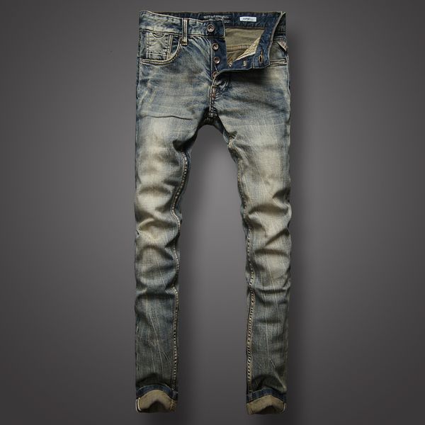 

2021 new fashion streetwear retro washed slim fit denim buttons pants brand designer italian style vintage classical jeans men kx7i, Blue