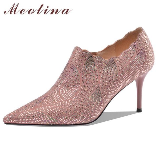 

dress shoes meotina high heels women pumps kid suede zip stiletto heel party real leather rhinestone pointed toe ladies 40, Black