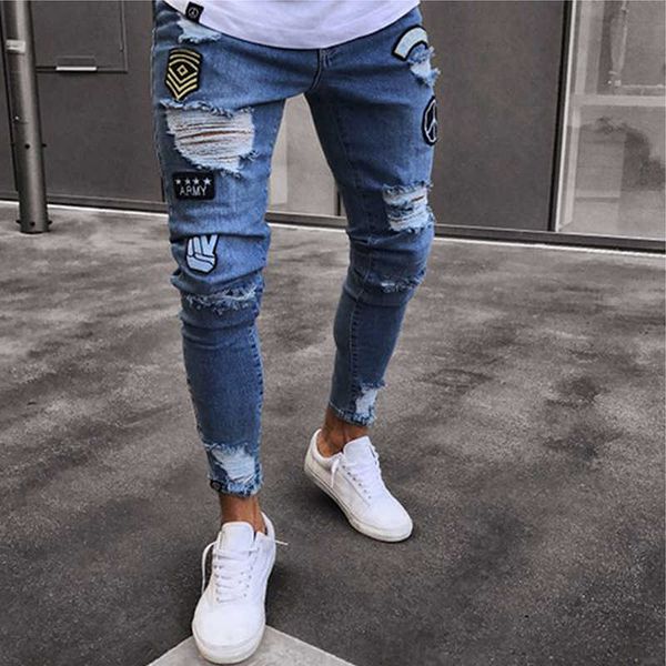 

2021 stretchy ripped ny biker jeans destroyed slim fit denim broek elastic waist harem book men jogger s-4xl, Blue