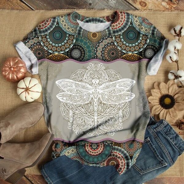 

35# plus size women short sleeve 3d animal dragonfly printed o-neck tee t-shirt woman tshirts dropshipping c0220, White