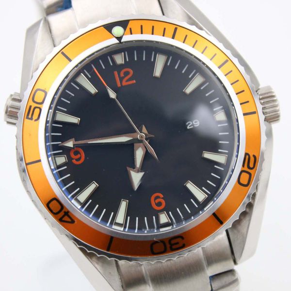 

orange bezel ocean 600m sea men watch black date automatic movement watches stainless steel flod clasp master mens wristwatches, Slivery;brown