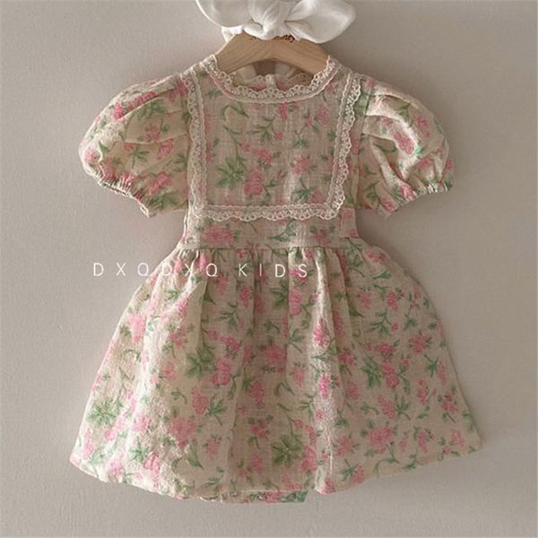 Coreano estilo criança menina verão vintage tutu vestido floral padrão crianças meninas manga curta vestidos bebê moda verão 210303