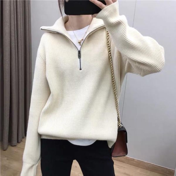 

women's sweaters female sweater spring autumn knitted pullovers zip up long sleeve streetwear solid color knitwear loose casual, White;black