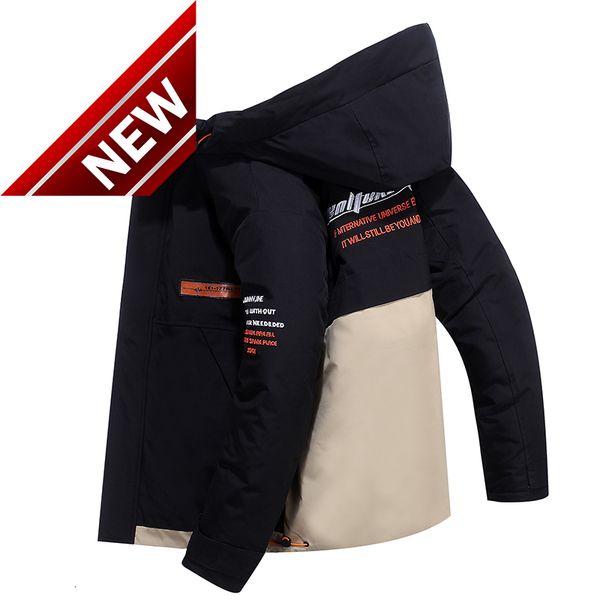 

letter embroidery patchwork hooded men's winter jacket windproof duck down men fashion streetwear parka coats, Black