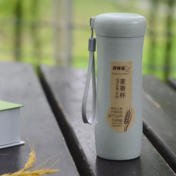 

water bottles household cup with lifting rope, 400ml natural wheat straw cup, large capacity watertight
