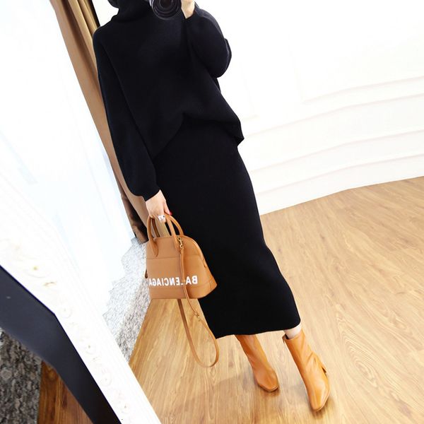 

2 elegant mesh ensemble female 2021 winter turtleneck loose sweater and pencil skirt long cashmere suit office pg6e, Black