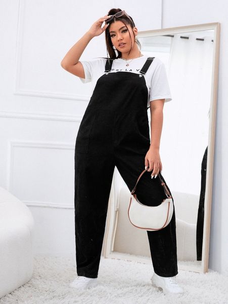 

plus slant pocket corduroy overall jumpsuit without k6zp#, Black