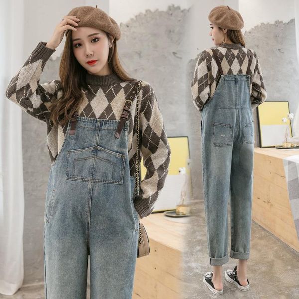 

maternity bottoms style pregnant women denim bib bellies trousers spring and autumn jeans strap, White
