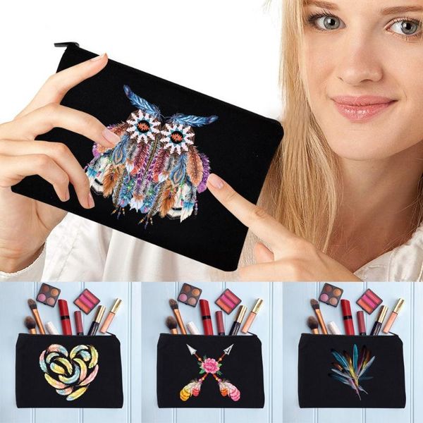 

cosmetic bags & cases portable women's bag female makeup feather pattern handbags black zipper storage school pencil