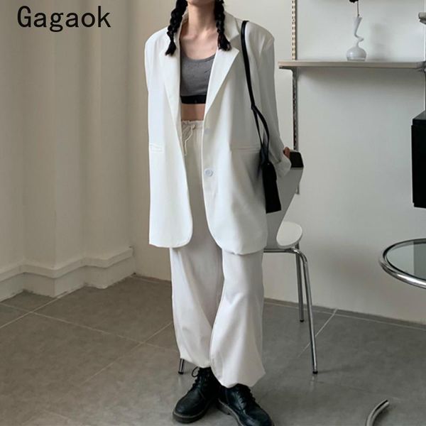 

women's jackets gagaok streetwear female jacket 2021 spring autumn solid turn-down collar wide-waisted long loose casual wild coat, Black;brown