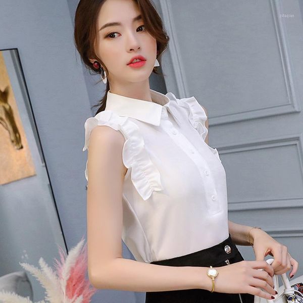 

spring summer nice women white shirt sleeveless shirts korean lapel ruffle streetwear slim chiffon blouse office lady women's blouses &