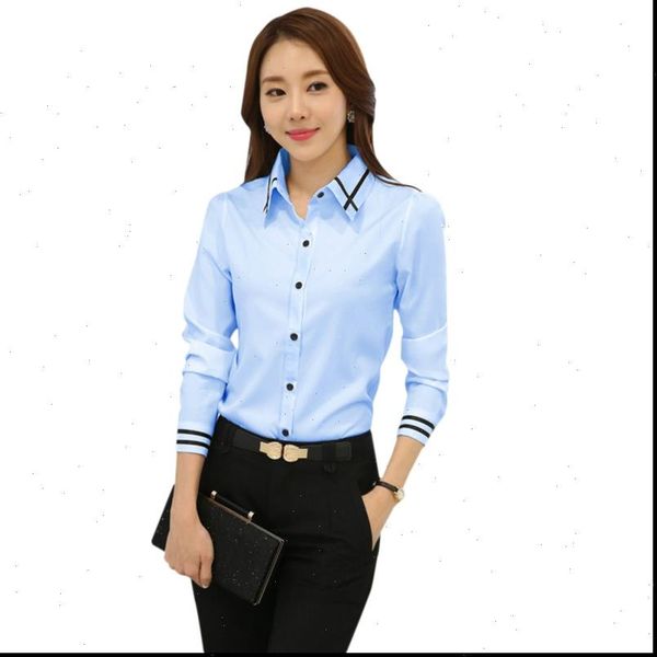 

women fashion white blue long sleeve turn down collar formal shirt ladies elegant shirt office blouse co1