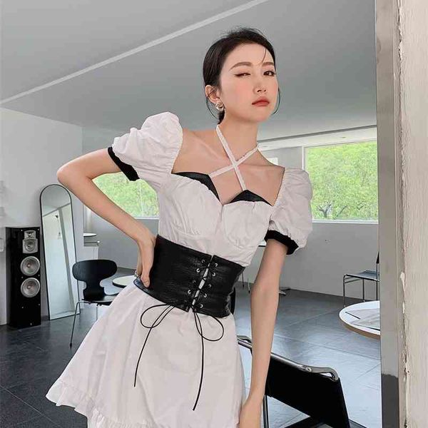 

casual dresses backless puff sleeve white halter for women 2021 patchwork leather a line mini ruffle ladies frill corset bem3, Black;gray