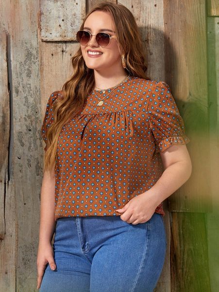 

plus geo print puff sleeve blouse 50bo#, Black