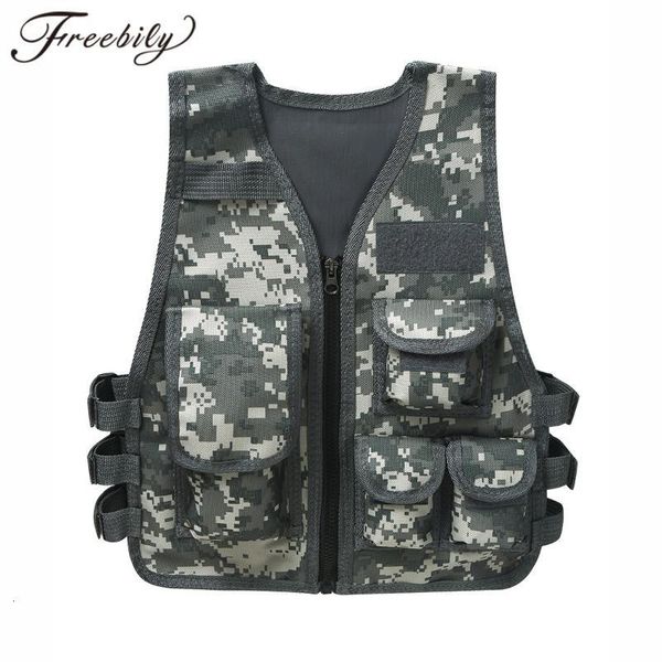 

children tactical vest combat cs game training vest camping outdoor waistcoat with multi pockets kids boys hunting, Camo;black