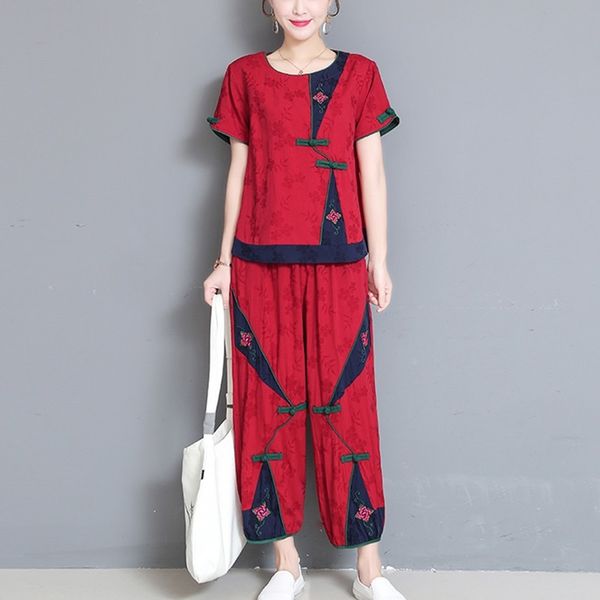

2021 summer vintage linen tang suit for women traditional chinese style kung fu uniform loose shirt pants tai chi set 12041, Red