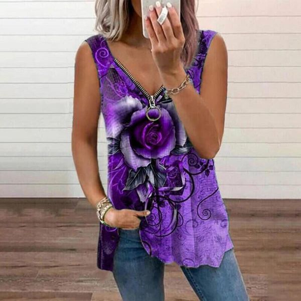 

women's t-shirt zippers tee shirt retro rose print sleeveless camisole plus size tank oversized t harajuku haut femme, White