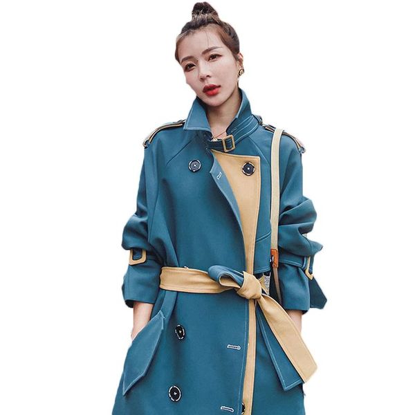 

women's trench coats 2021 spring autumn windbreaker workwear british mid-length blue korean drape 60a, Tan;black