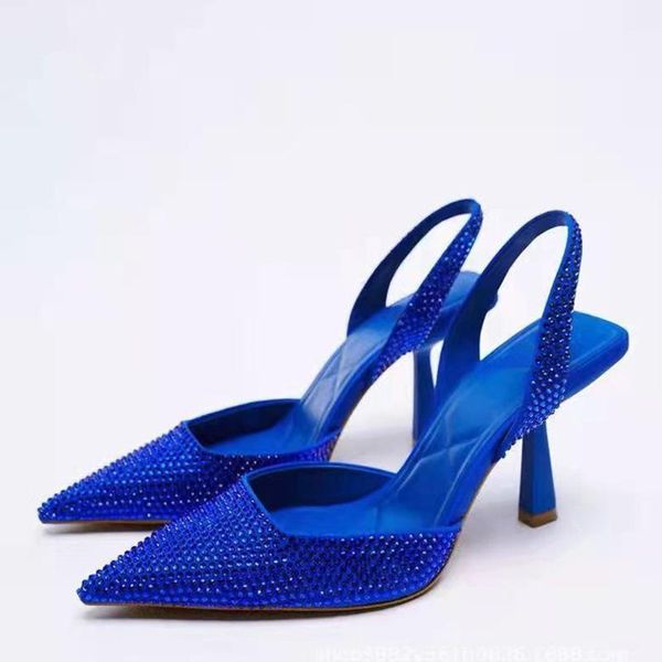 

dress shoes 2022 spring thin high heels women footwear pointed toe slingback sandal ladies fashion bling cystal party pumps, Black