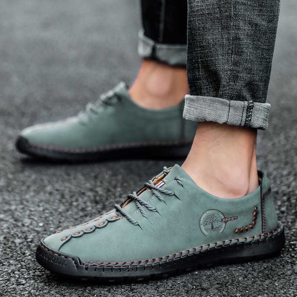 

2021 spring lace up casual shoes men's large green bean hand leather