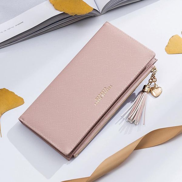 

wallets women's wallet long 2021 korean fashion simple cross pattern tassel multifunctional zip coin purse card case, Red;black