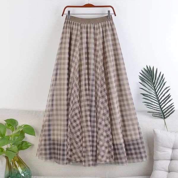 

skirts high waist is thin large elastic double-layer mesh plaid print mid-length skirt autumn winter women 198, Black