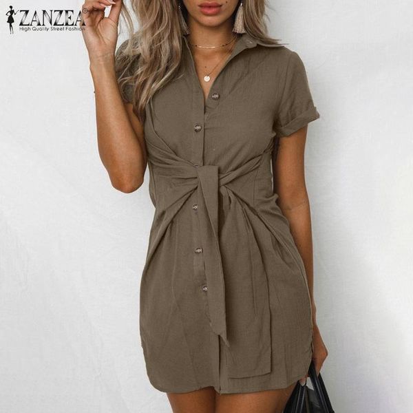 

casual dresses stylish summer shirt dress women's mini sundress 2021 zanzea button short sleeve lace-up vestidos female lapel robe plus, Black;gray