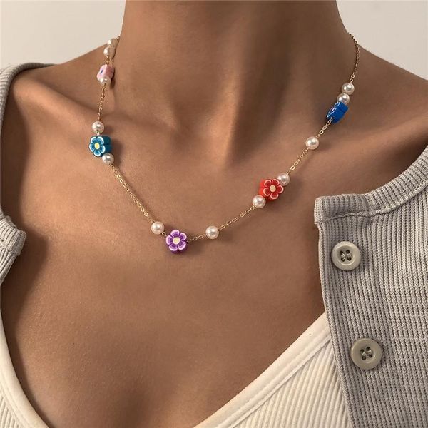 

retro ethnic style pottery flower beaded necklaces european imitation pearl colorful daisy clavicle chain women party gift dress gold jewelr, Silver