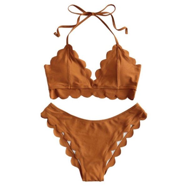 

women bikini set halter bandage scalloped swimsuit solid color beachwear dropshipping
