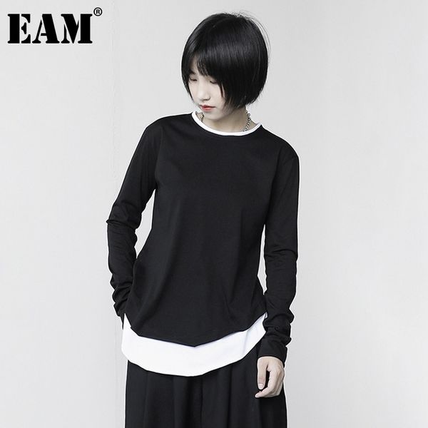 

[eam] women black contrast color split joint t-shirt new round neck long sleeve fashion tide spring autumn 2021 1dc657 210306, White