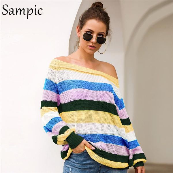 

women's sweaters sampic knitted pullovers slash neck winter long sleeve sweater women casual striped autumn 2021, White;black