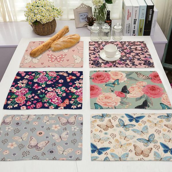 

1pcs cotton linen butterfly pattern kitchen placemat dining table mats pad flower bowl cup mat 42*32cm home decor ml0008