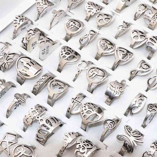 

50pcs/lot mix random style laser cut pattern stainless steel ring party ring 210924, Slivery;golden