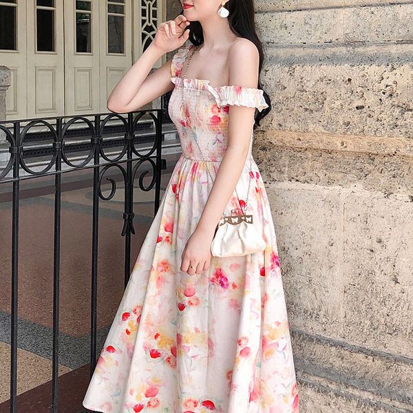 

women summer puff sleeve midi dress vintage print floral female party dress casual holiday lady sweet boho vestidos, Black;gray