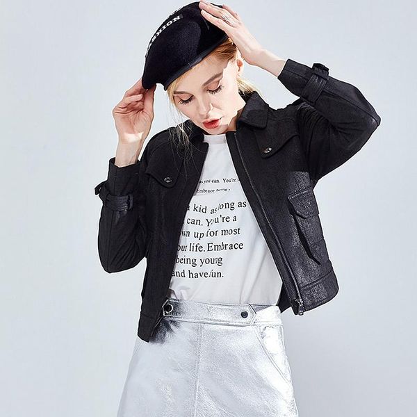 

women's jackets 100% sheepskin jacket leather coat casual style turn-down neck long sleeve pockets black classic design fashion, Black;brown