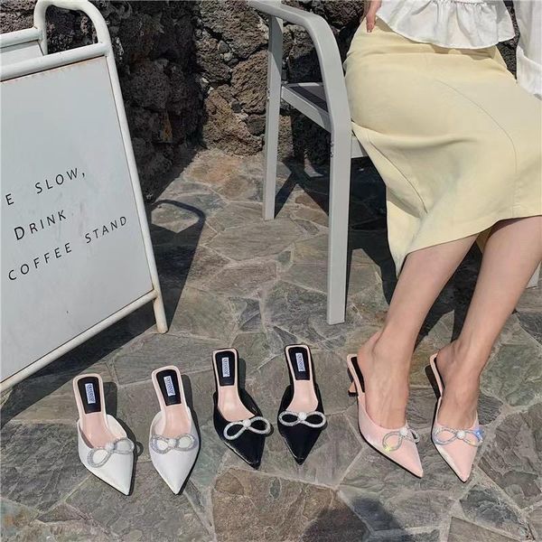 

slippers stain elegant women pointed toe thin high heels rhinestone bow design shallow casual slides mules shoes 35-39, Black
