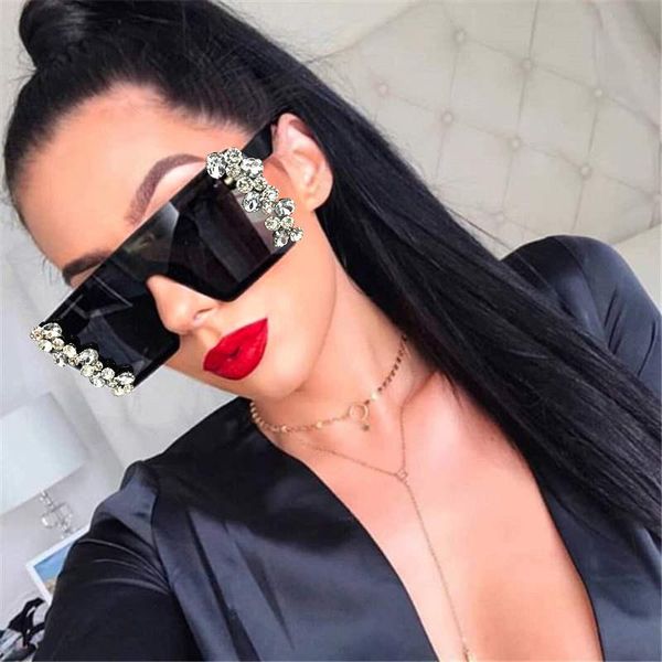 

sunglasses oversized diamond square women vintage flat pink black rhinestone one piece men gafas shades uv400, White;black