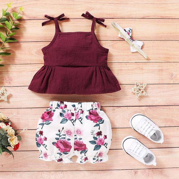 

clothing sets summer toddler baby girls suspender solid vest +floral print shorts outfits kids suit children clothes, White