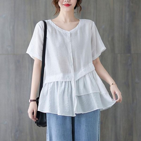 

women's blouses & shirts oversized women cotton casual 2021 summer vintage style v-neck solid color loose female short sleeve s3904, White